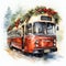 Christmas bus. Created by AI.A red festive bus decorated with fir branches and toys rides through the winter snow