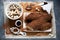 Christmas Bush de Noel - homemade chocolate yule log cake cooking , decoration Christmas log chocolate cream and cocoa ,