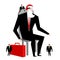 Christmas Business. Boss Santa Claus and helper elf. Businessman in festive mask. Man in business suit with suitcase. corporate Ne