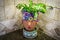 Christmas cactus succulent growing in head planter on marble counter with Tuscan tile splash behind - Decorative kitchen