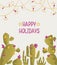 Christmas cactuses greeting card with holiday text. Happy green cactuses with Christmas decoration on vector background