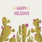 Christmas cactuses greeting card with holiday text. Happy green cactuses with Christmas decoration on vector background