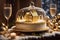 Christmas cake adorned with charming miniature house decoration under half glass globe