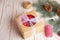 Christmas cake and cookies in delivery packing box with berries