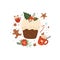 Christmas cake, pudding, food, coffee, gingerbread, berry, winter hot drink in cup holiday food illustration. Baked