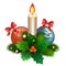 Christmas candle with fir branches, Christmas balls and holly