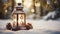 Christmas candle lantern in snow against blurred forest background. Selective focus and shallow depth of field