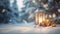 Christmas candle lantern in snow against blurred forest background. Selective focus and shallow depth of field