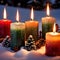 Christmas candles burning outdoors in the snow, traditional seasonal cultural festivities