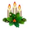 Christmas candles with fir branches and holly berries. Vector