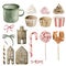 Christmas candy set: cupcakes, coocies, gingerbread houses, lollipop, waffle stick, mug, bows. Watercolor illustration