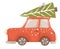 Christmas car with fir tree scandinavian card. Christmas delivery.