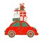 Christmas car loaded with gifts. Vintage. Cute vector retro illustration.