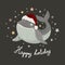 Christmas card with baby shark in santa hat on dark background. Vector illustration