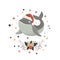 Christmas card with baby shark in santa hat on white background. Vector illustration.
