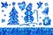 Christmas card, background with Christmas trees, snowman, stars, gift and other Christmas symbols