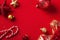 Christmas card or banner. Christmas decorations on red background