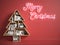 Christmas card, book shelf in form of the Christmas tree and neon Merry Christmas lights on the wall, 3d rendering