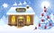 Christmas card with brick house and Santa`s workshop against winter forest background and Santa Claus in sleigh with reindeer tea