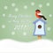 Christmas card. Bullfinch, snowflakes and New Year