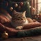 Christmas card of a cat laying on a nice soft blanket, with Christmas decorations