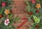 Christmas card, Christmas greetings, background with Christmas tree balls and gingerbread