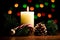 Christmas card: Christmas tree branches, cones, candle, candy ho