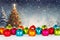 Christmas card with colorful balls baubles tree background copyspace copy space decoration winter snow