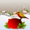 Christmas card with colorful bird in the foreground with holly branch and berries and in the background a small village. Snowing w