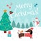 Christmas card with cute dachshund in Santa hat flat vector illustration.