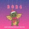 Christmas card with a cute green dragon symbol of 2024. Funny green dragon with a gift. Merry Christmas and Happy New