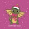 Christmas card with a cute green dragon symbol of 2024. Funny green dragon with a gift. Merry Christmas and Happy New