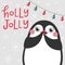 Christmas card with cute penguin and text Holly Jolly.