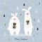 Christmas card with cute rabbits. Hand drawn characters. Vector illustration