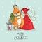 Christmas card with cute squirrel and festive elements. Vector illustration.