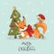Christmas card with cute squirrel and festive elements. Vector illustration.