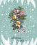 Christmas card with decorations in the vintage hand drawn style. Cute snowflakes and pine tree branches under the snow.