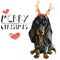 Christmas card with dog dachshund in deer horns. isolated on white background. New Year. merry christmas