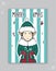 Christmas card with an elf. The elf is holding a gift. Striped greeting card. Vector illustration