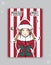 Christmas card with an elf. The elf is holding a gift. Striped greeting card. Vector illustration.