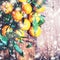 Christmas Card with festive tangerines, snow and defocused garl