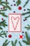 Christmas card - Fir tree branches, red cranberries, Xmas gifts and candy canes on pastel blue background