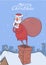 Christmas card of funny confused Santa Claus with big bag of gifts on a chimney in snowy city. Santa looks embarrassed