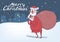 Christmas card of funny confused Santa Claus with big bag on snowy night city background. Santa looks lost or