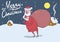 Christmas card of funny confused Santa Claus with big bag in the snowy night in front of festive houses under the Moon