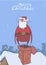 Christmas card of funny drunk Santa Claus with a bag on a chimney in snowy city. Happy Santa Claus got wasted. Vertical