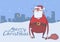 Christmas card of funny drunk Santa Claus with a bag on evening snowy city background. Happy Santa Claus got wasted