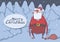 Christmas card of funny drunk Santa Claus with a bag in the night snowy spruce forest. Wasted Santa Claus got lost