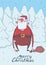 Christmas card of funny drunk Santa Claus with a bag in snowy spruce forest