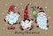 Christmas card with funny Nordic gnomes with gifts. Doodle style. Vector.